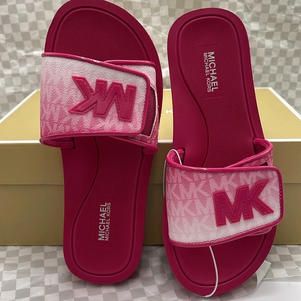 MICHAEL KORS Palmer Ombré Signature Logo Slide Sandal Dragonfruit NWT